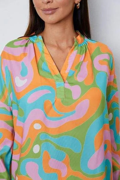 Printed Notched Long Sleeve Blouse Blouses - Tophatter Daily Deals